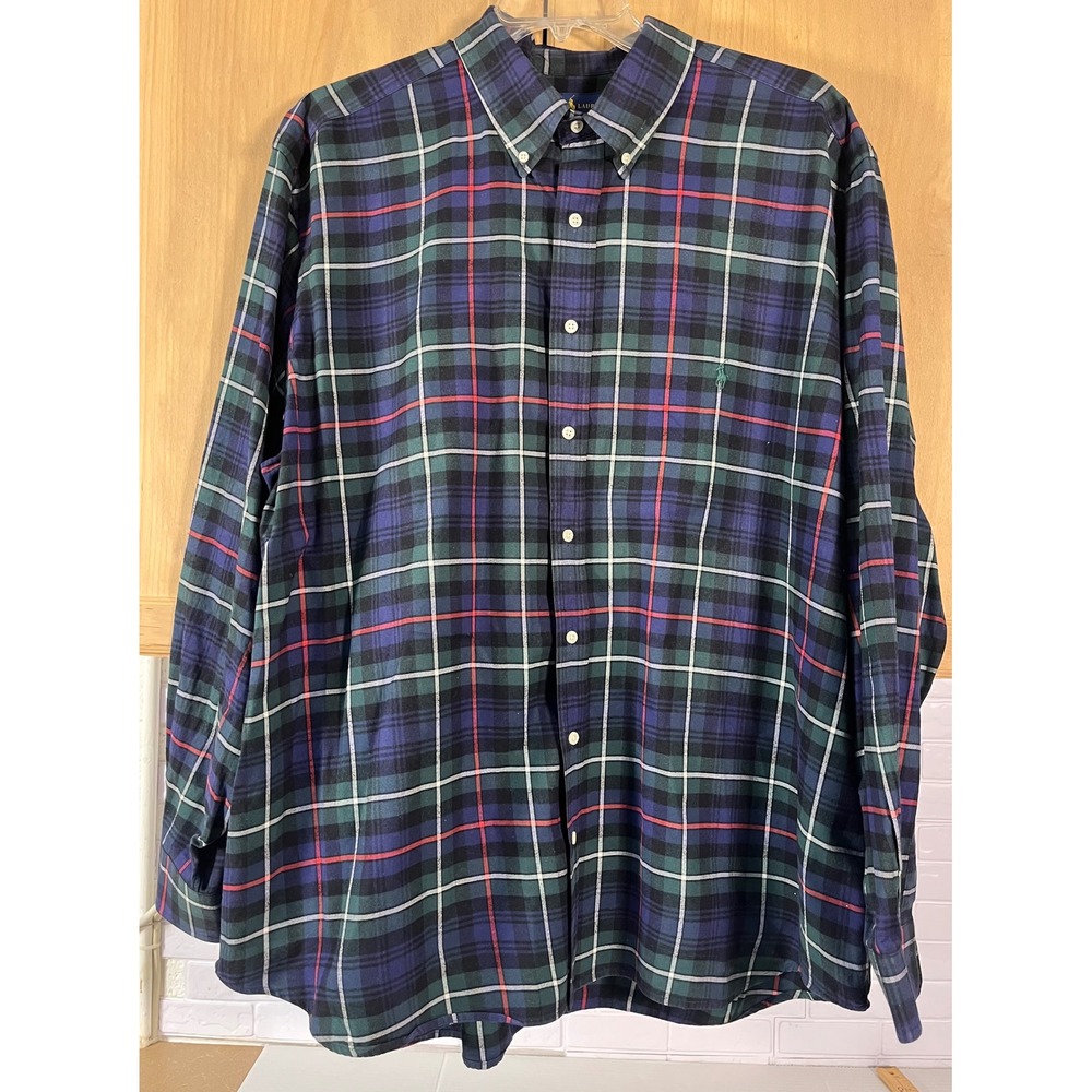 Ralph Lauren Button Down Shirt Mens 2XB Green Blue Plaid Performance Long Sleeve